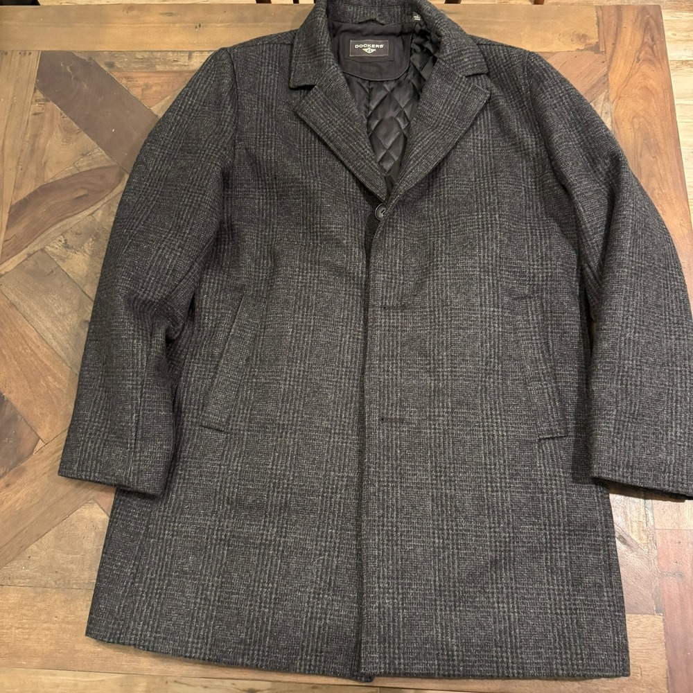 Dockers Mens Wool Blend Overcoat Grey Glen Plaid Quilted Lined Car Coat Large